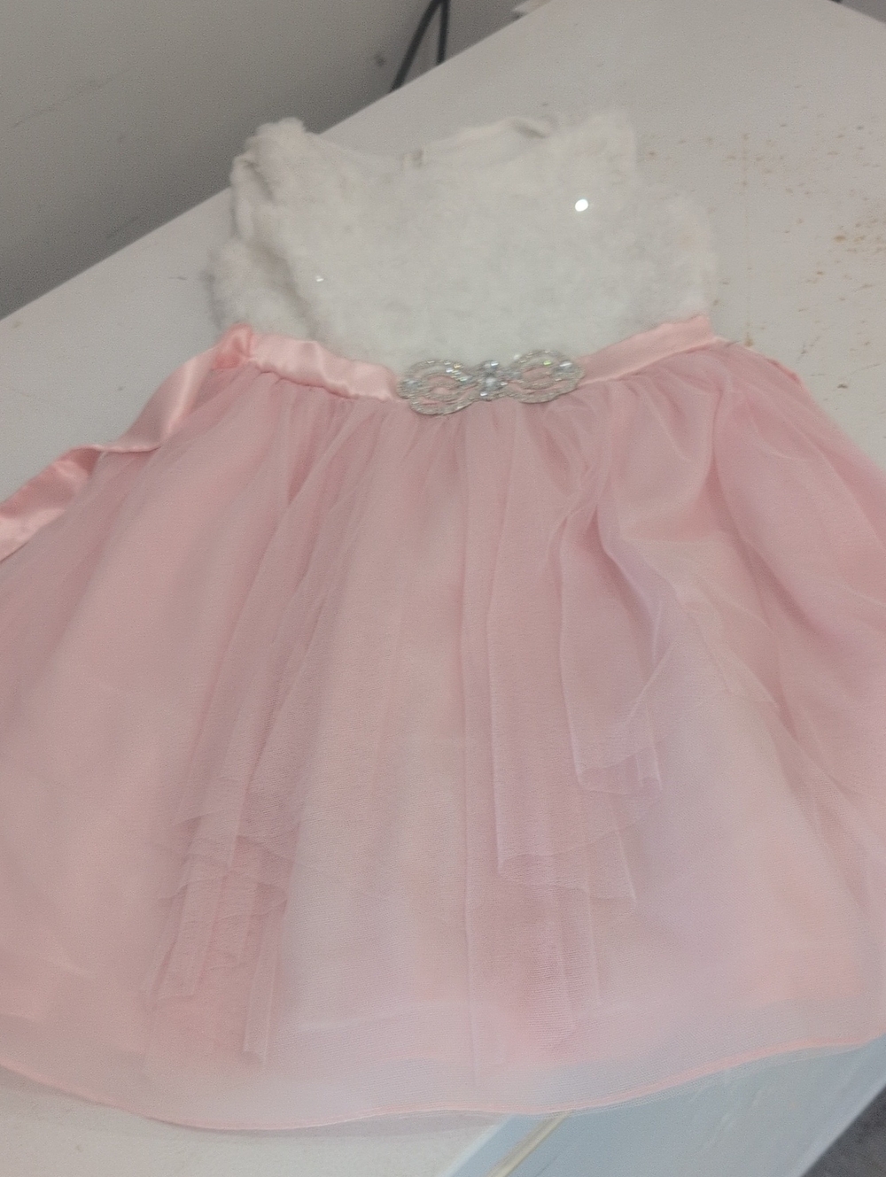 Emily Rose Pink Tulle Dress with White Faux-Fur Bodice and Jeweled Waist